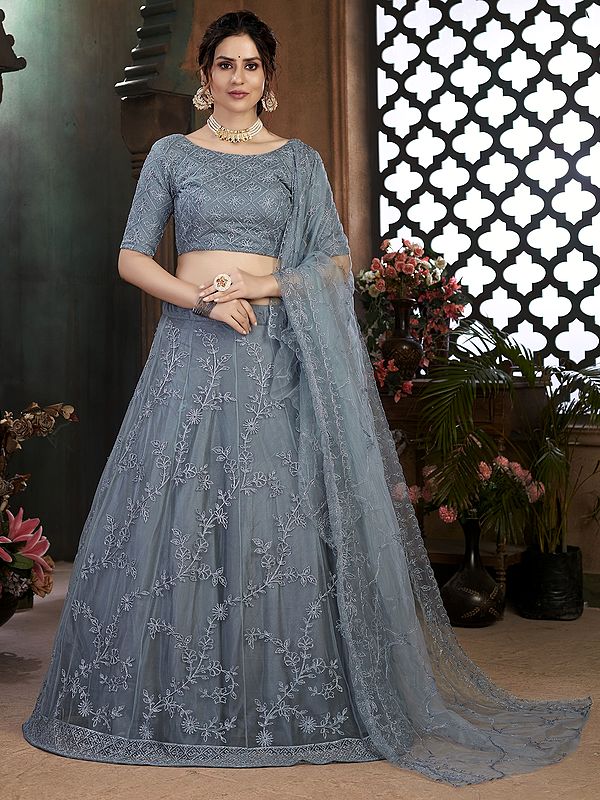 Grey Color Net Phool Bail Pattern Lehenga Choli with Thread-Sequins Embroidery and Matching Dupatta