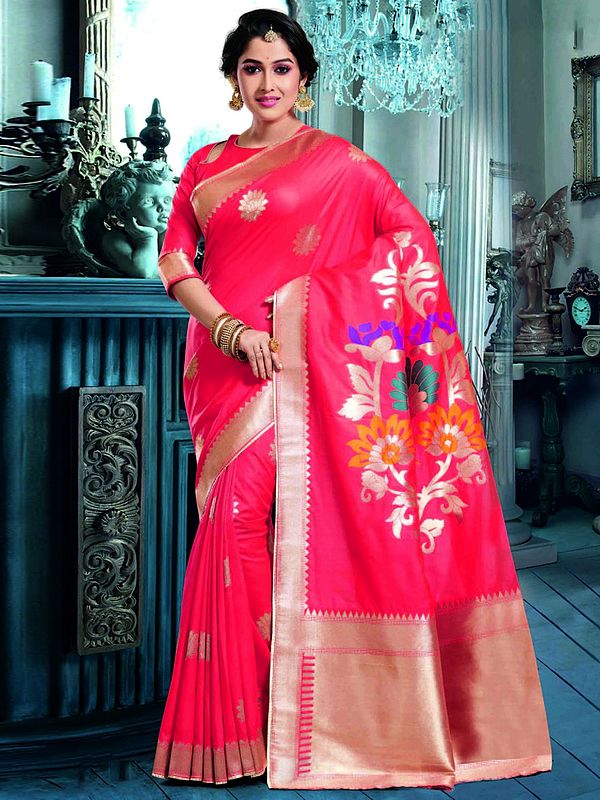 Red Floral Butta Banarasi Silk Saree