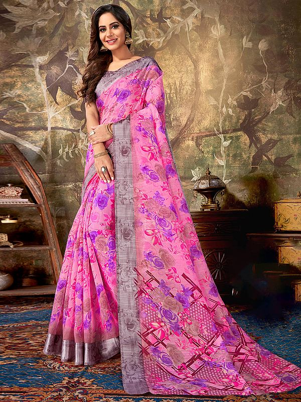 Light-Pink Floral Printed Cotton Saree with Blouse