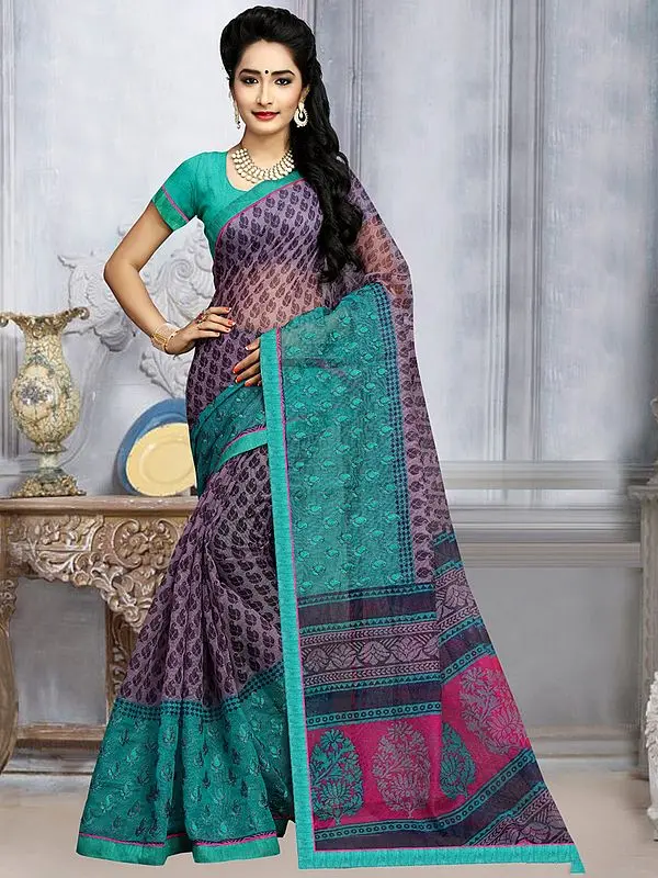 Dark-Purple Kota Printed Saree with Blouse
