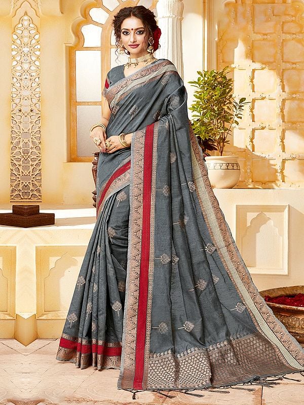 Cotton Handloom Butta Pattern Zari Woven Saree With Blouse And Latkan Pallu