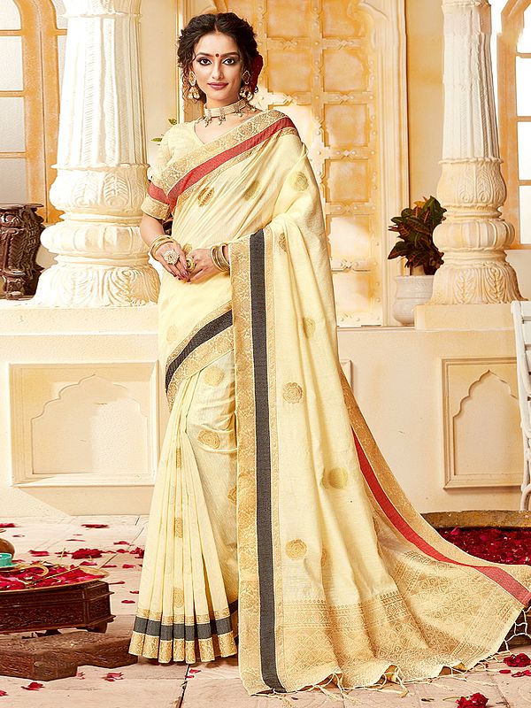 Off-White Cotton Handloom Floral Rose Motif Saree with Blouse and Latkan Pallu