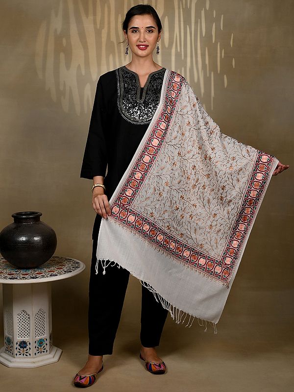 Pure Woolen Stole with Fine All over Embroidery and Detailed Border with Aari Threadwork from Kashmir
