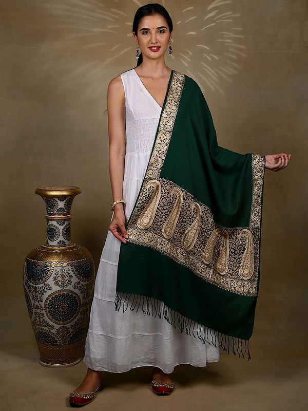 Pure Wool Stole With Border and Paisley Palla And Metallic Aari Threadwork from Kashmir