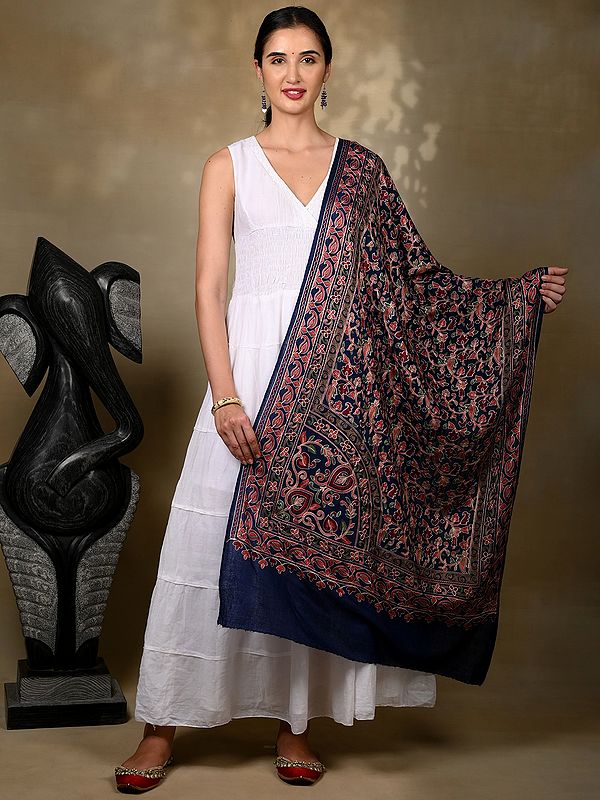 Pure Woolen Dark Blue Stole with Detailed Floral All over Aari Threadwork from Kashmir