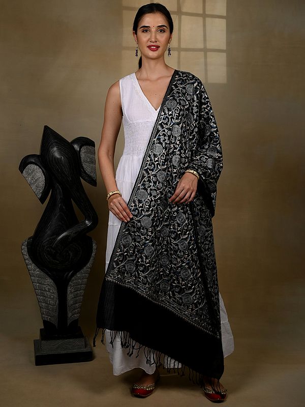 Pure Woolen Black Stole with Detailed Big Grey Florals Aari Threadwork from Kashmir