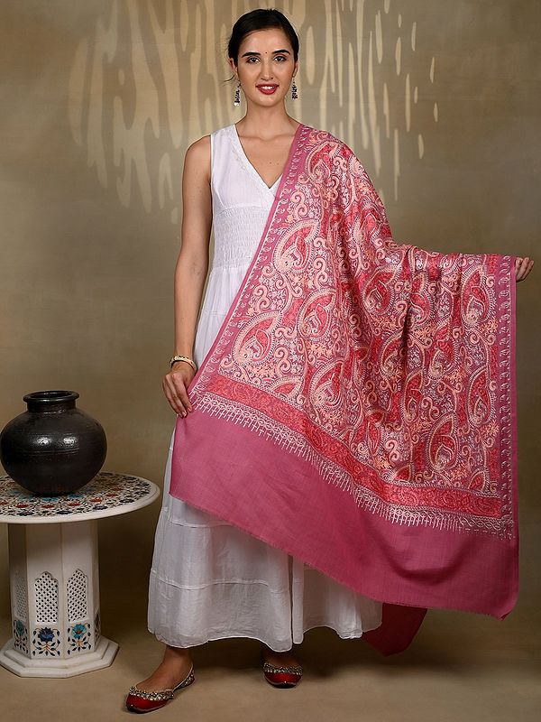 Mauve-Pink Pure Woolen Monochromatic Shawl with Detailed Traditional Big Paisley Aari Threadwork from Kashmir