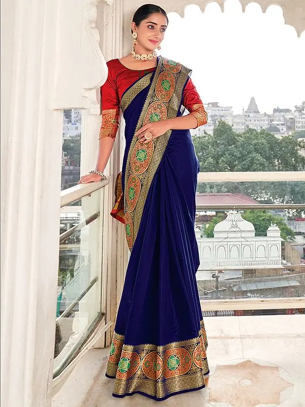 Navy-Blue Khadi Silk Broad Border Saree with Blouse