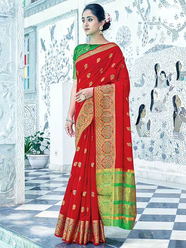 Cotton Broad Border Red Saree With Blouse And Butti Motif On The Body