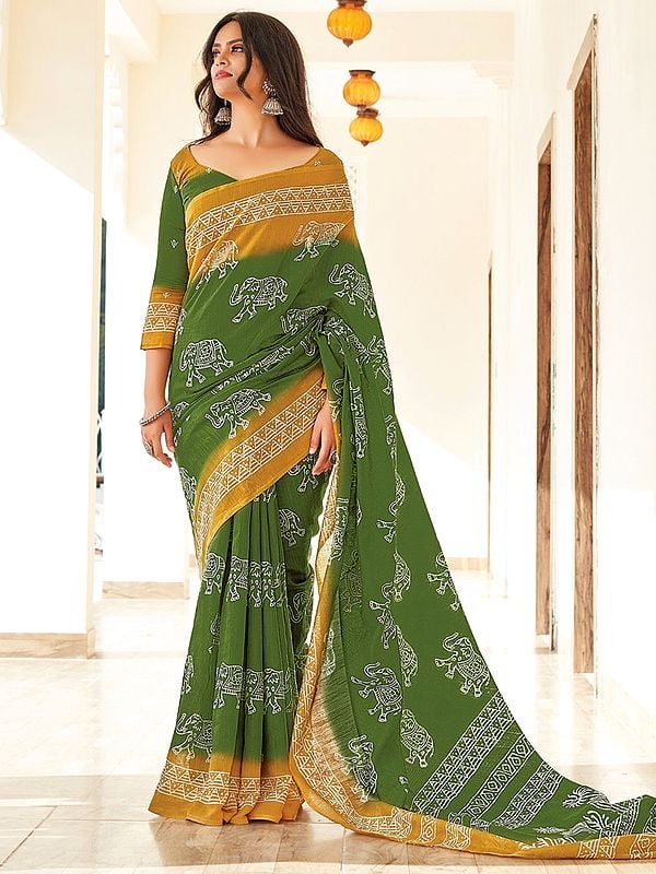 Cotton Elephant Pattern Printed Green Saree With Blouse