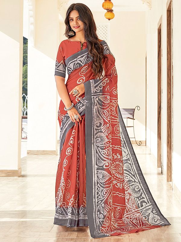 Cotton Rust-Red Traditional Printed Saree with Blouse and Grey Border