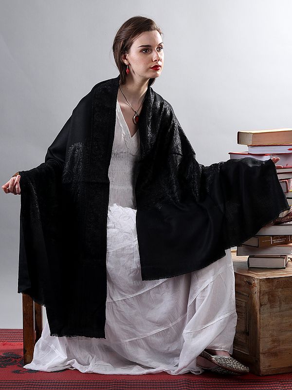 Pure Woolen Black Monochromatic Shawl with Embroidery