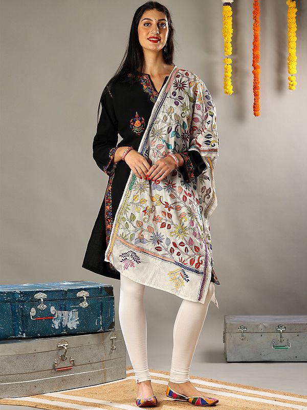 Off White Cotton Semi Silk Stole with Multicolored Kantha Embroidery