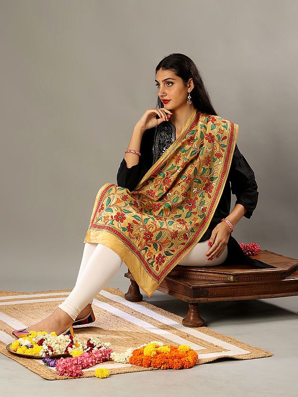 Yellow Ochre Cotton Semi Silk Stole with Multicolored Kantha Embroidery