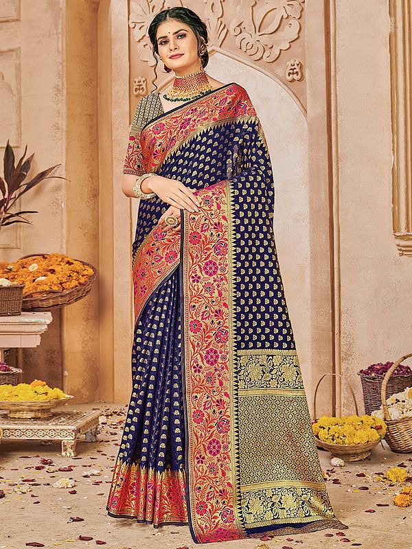 Silk All-Over Butti Motif Saree With Blouse And Phool Bail Pattern Border