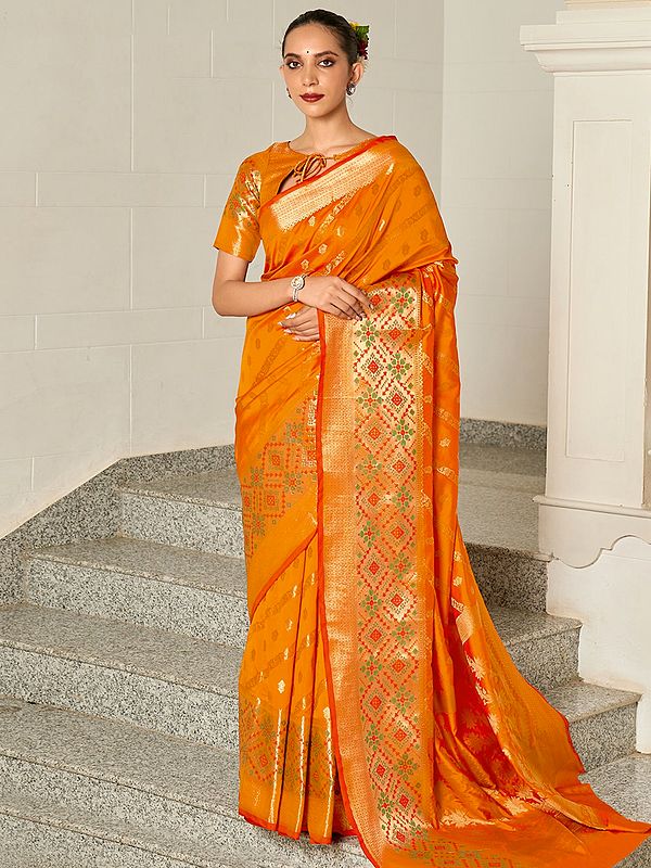 Silk Zari Work Stripes-Butti Pattern Saree With Blouse