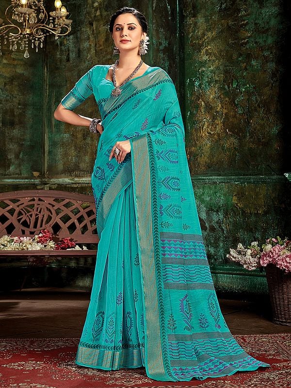Azure-Blue Cotton Printed Saree with Blouse