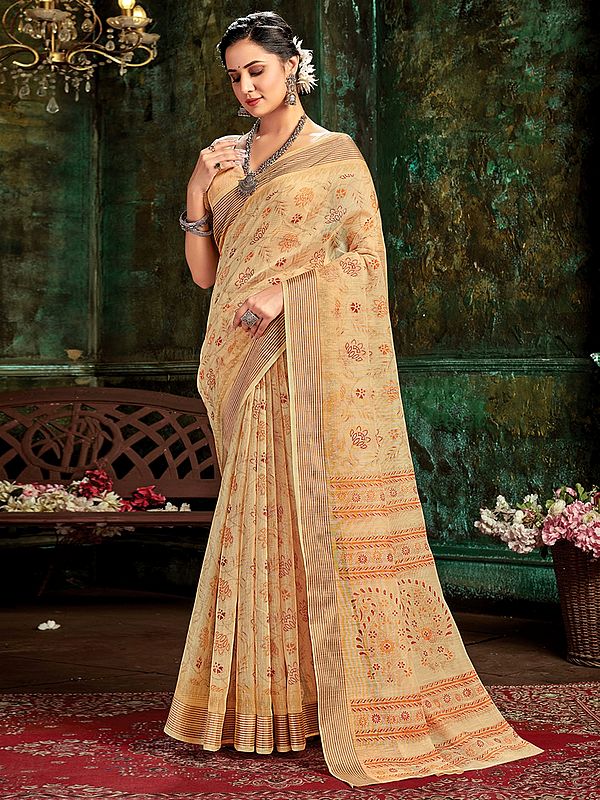 Beige Floral Jaal Pattern Printed Cotton Saree with Blouse and Paisley Pattern Pallu