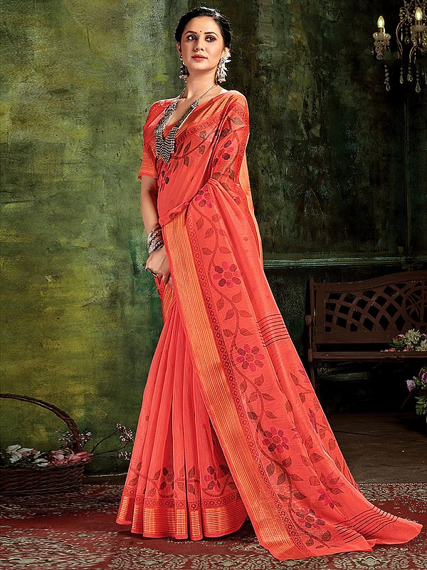 Carrot-Red Cotton Vine Printed Saree and Blouse