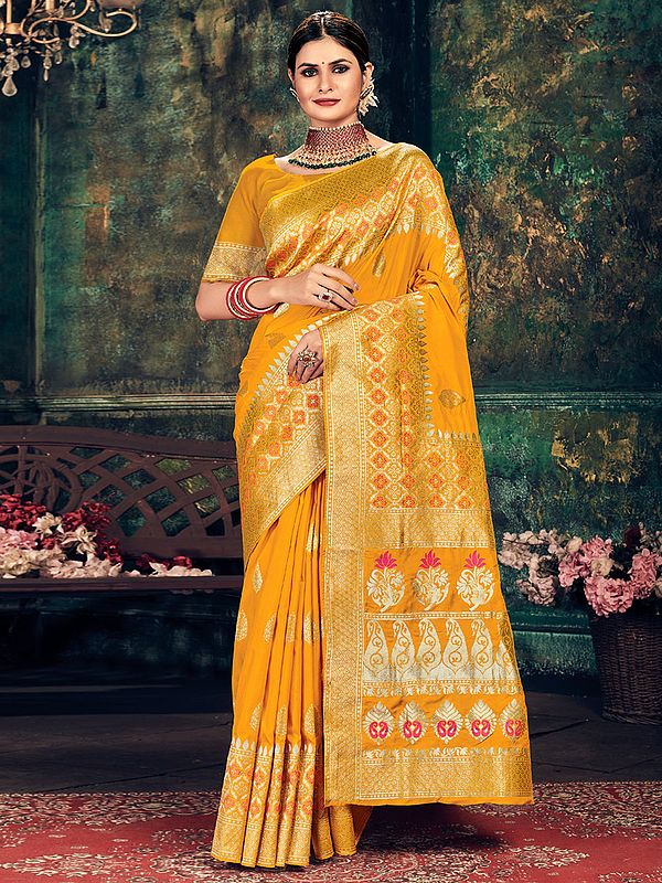 Sun-Yellow Banarasi Silk Zari Woven Mughal Butti Saree With Blouse