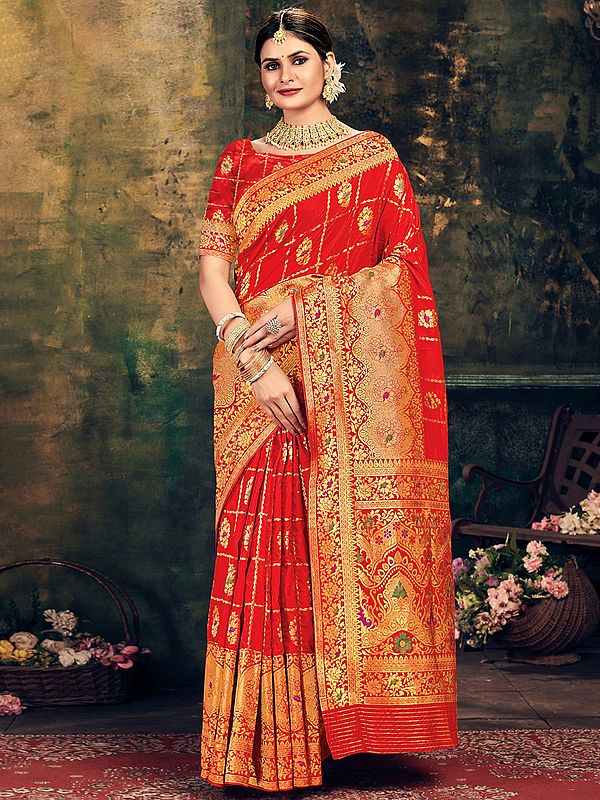 True-Red Banarasi Silk Traditional Saree With Blouse And All-Over Zari Work