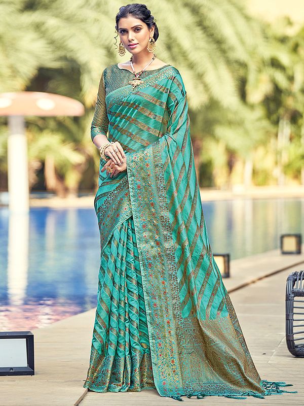 Organza Stripes Pattern Saree With Blouse And Latkan Pallu
