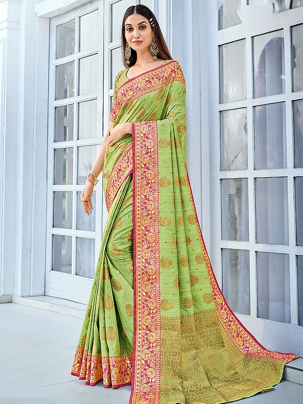 Linen Mughal Butti Zari Wowen Saree With Blouse And Floral Vine Pattern Border