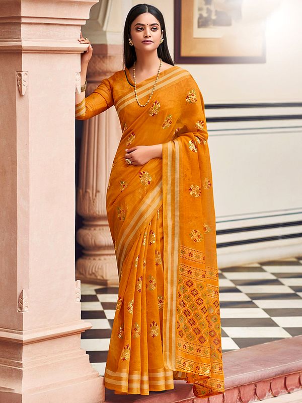 Chanderi Mughal Butti Motif Saree with Blouse and Quatrefoil Pattern Pallu