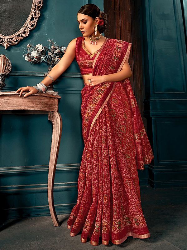 Elegant-Maroon Cotton Printed Saree with Blouse