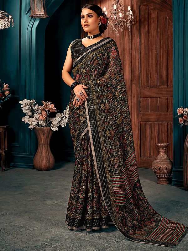 Pirate-Black Cotton Floral Printed Saree with Blouse