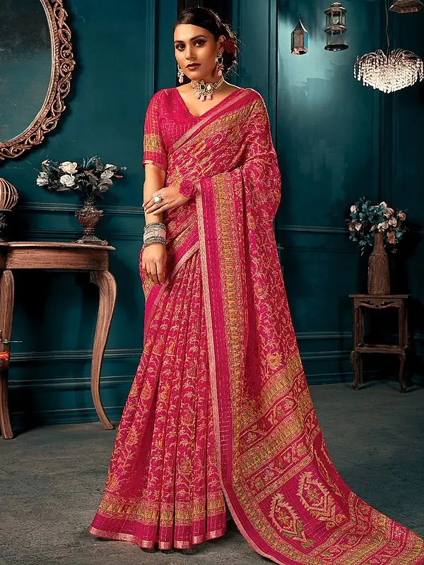 Rani-Pink Paisley Pattern Printed Saree with Blouse