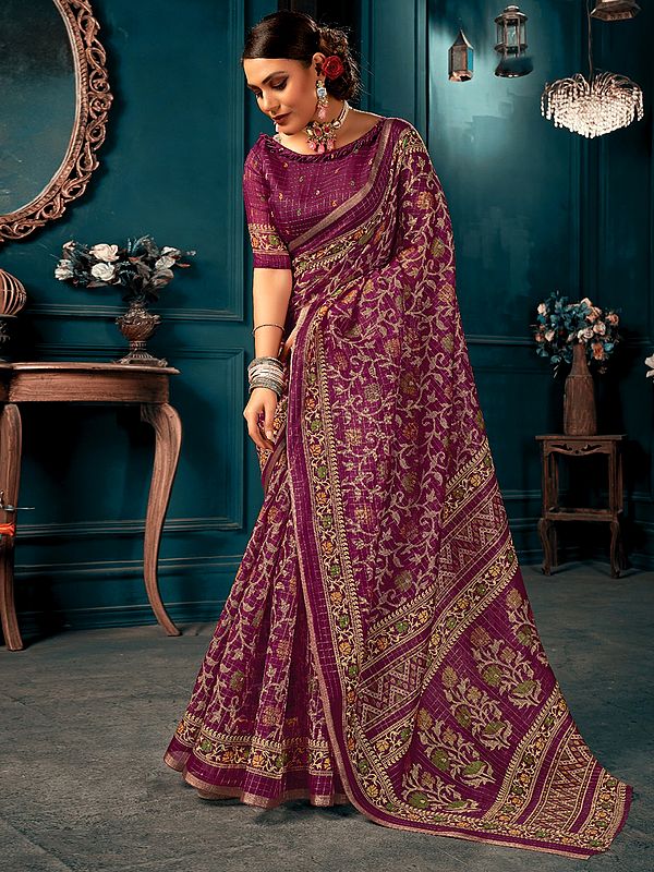 Dark-Purple Cotton Saree with Blouse and All-Over Floral Vine Pattern