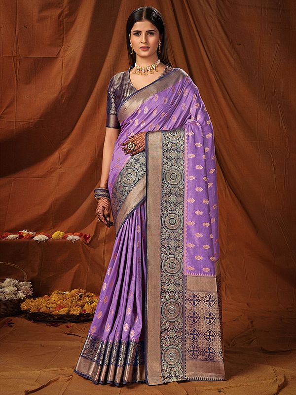Silk Broad Border Saree with Blouse and Butti Motif on The Body