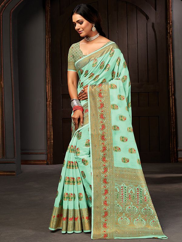 Seafoam-Green Cotton Paisley Motif Saree With Blouse And Broad Border