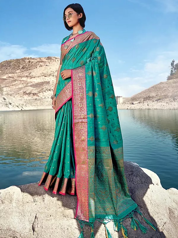 Banarasi Silk Saree With Blouse And Phool Bail Pattern