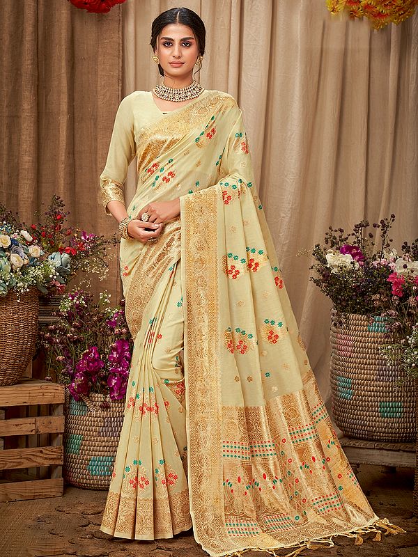 Cotton Tassel Saree with Blouse and All-Over Floral Butta Zari Woven Motif