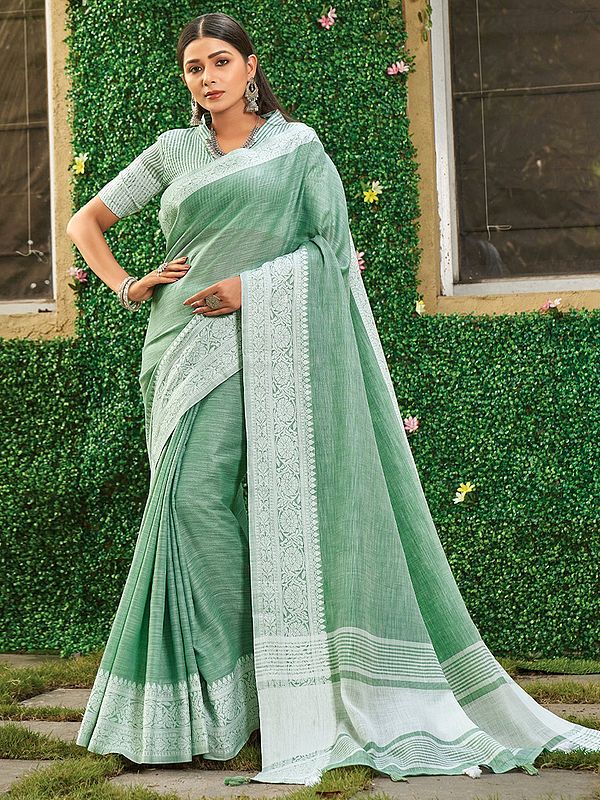 Linen Tassel Saree with Blouse and Floral Vine Pattern Border
