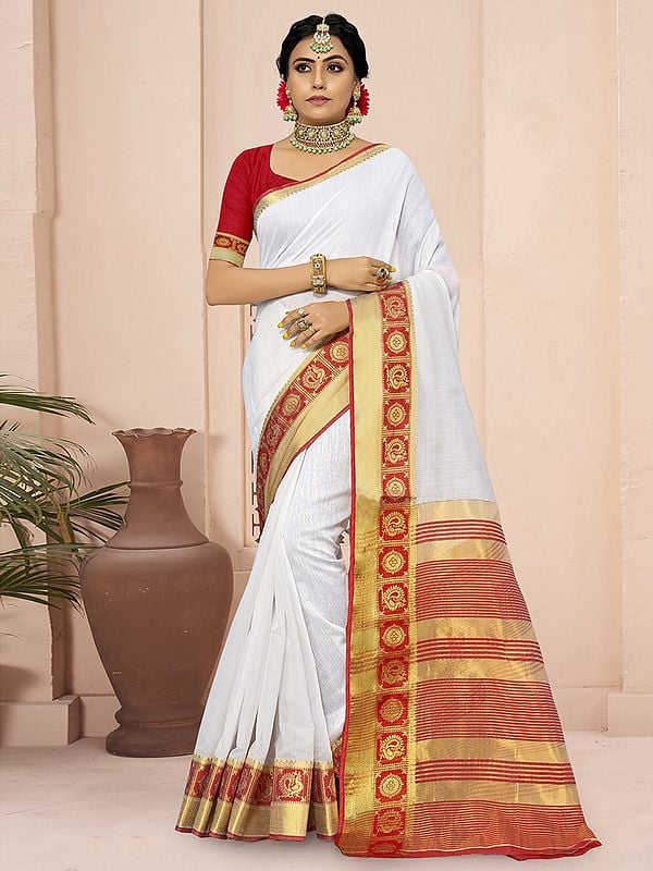 Brilliant-White Zari Work Broad Border Cotton Saree with Blouse and Stripes Pattern Pallu