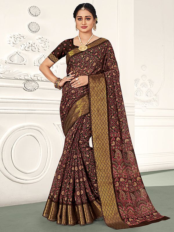 Cotton Saree with All-Over Floral Printed and Blouse