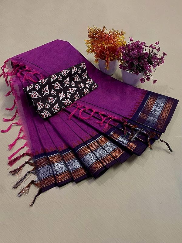Sparkling-Grape Chettinad Pure Cotton Saree With Blouse With Paisley-Stripes Pattern Border