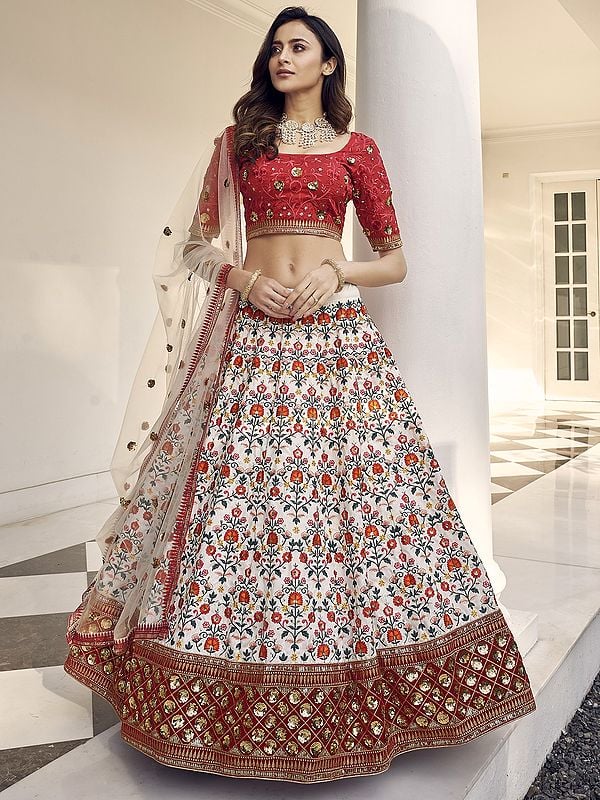 Silk Floral Pattern Thared-Sequins Embroidered Lehenga Choli and Dupatta