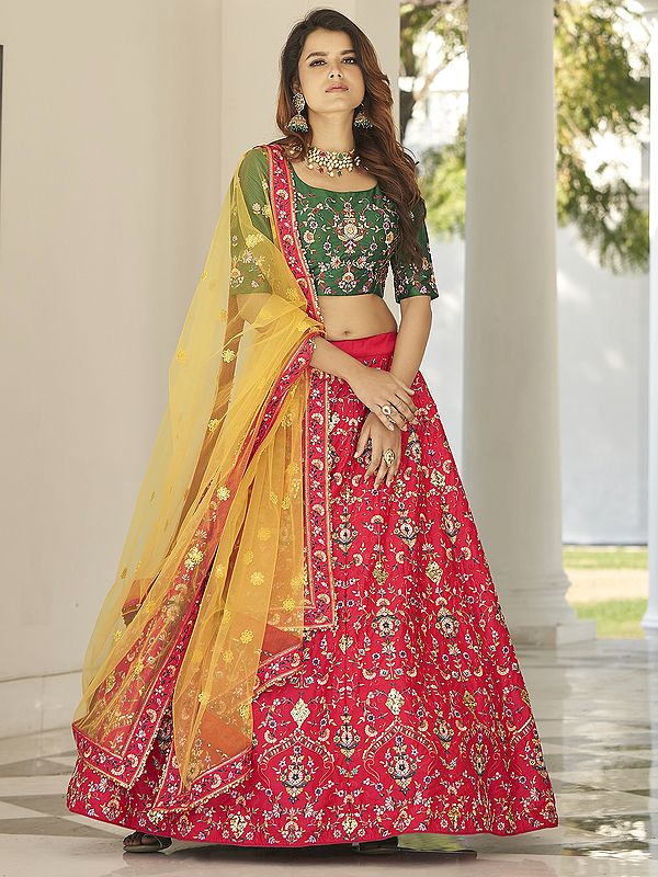 Silk Thared-Sequins Embroidered Floral Motif Lehenga Choli With Net Dupatta
