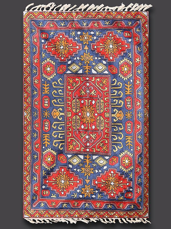 Russian Red and Royal Blue Prayer Rug with Wool Thread Hand Embroidered Mughal Motifs