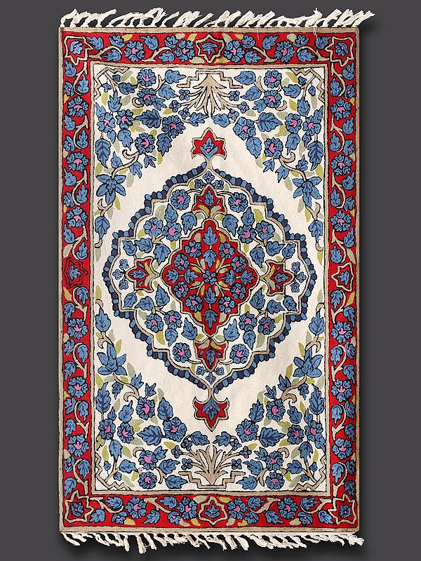 Granadine Border White Rug with Cobalt Blue Traditional Kashmiri Motifs and Woolen Aari Embroidery