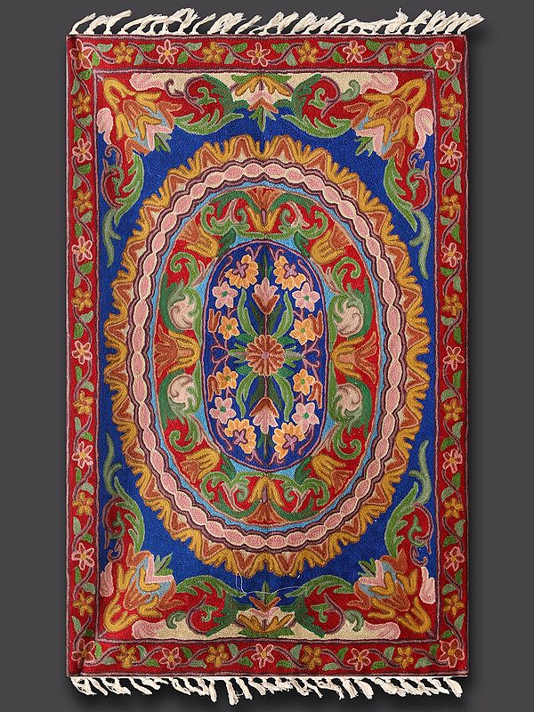 Floral Decorative Chainstitch Multicolored Aari Embroidered Rug