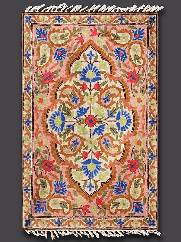 Bubblegum Pink and Pearl White Rug with Wool Thread Hand Embroidered Mughal Motifs