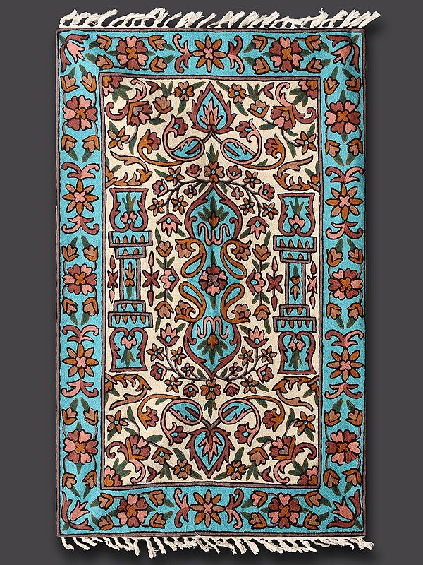 Floral Decorative Chainstitch Multicolored Mughal Pattern Aari Embroidered Rug