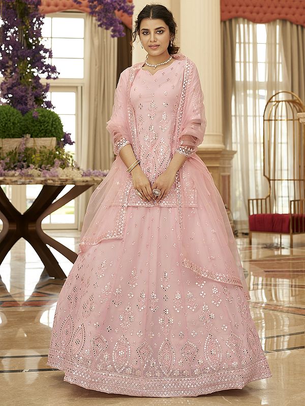 Blush-Pink Georgette Kurti Style Lehenga Choli with Sequins, Gota Patti, Thread Embroidery and Net Dupatta