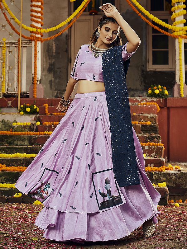 Dusty-Pink Silk Baal Krishna Digital Printed Lehenga Choli With Maslin Cotton Mirror Embroidered Blue Dupatta