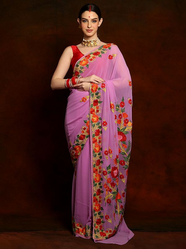 Lilac Georgette Saree with Multicolored Aari Embroidery on Border from Kashmir
